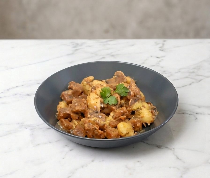 Gnoquis con champiñones, seitán a la sidra y trufa